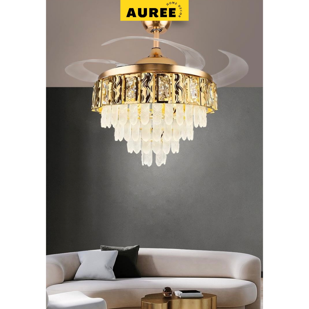 AUREE - Lampu Gantung Kipas Kristal Kaca LED 3 Warna Modern Minimalis Lampu Hias Ruang Tamu Kamar Ti