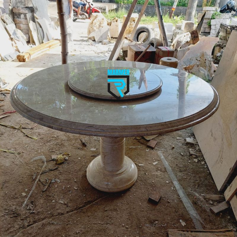 Meja makan bulat dan putar batu marmer putih bersih