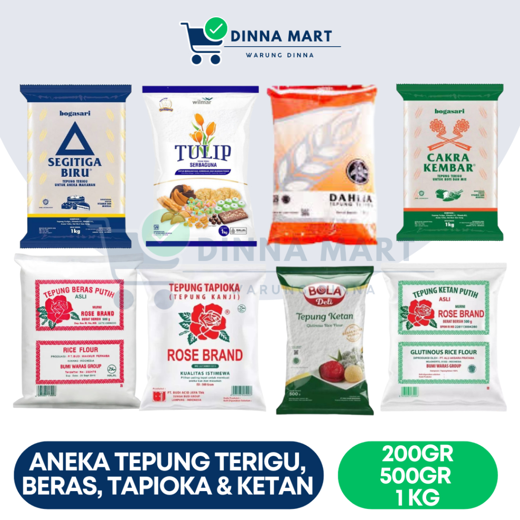 

(GRATIS SENDOK UNTUK BEBERAPA PRODUK) Aneka Tepung 200gr 500gr 1kg – Terigu, Tapioka, Beras | Merk Segitiga Biru, Dahlia, Tulip, Cakra Kembar, Rose Brand, Bola Deli