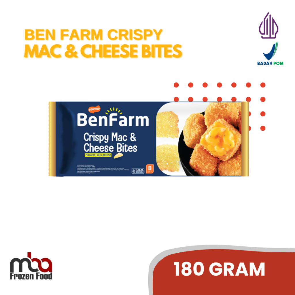 

BenFarm Crispy Mac & Cheese Bites 180gram /Nugget /Keju /Macandcheese /AyamTepung /Frozenfood /Nugget Ayam /Makanan Siap Saji /Makanan Beku /Ayam Goreng /Beku /Ayam Beku