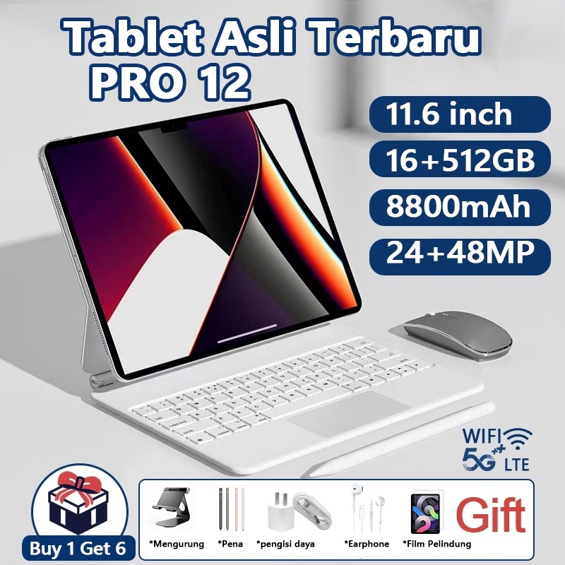 Asli Baru Tablet Android Pro12 16GB/512GB Tablet PC Tablet Android 11.6 inci Layar Full Screen HD 90
