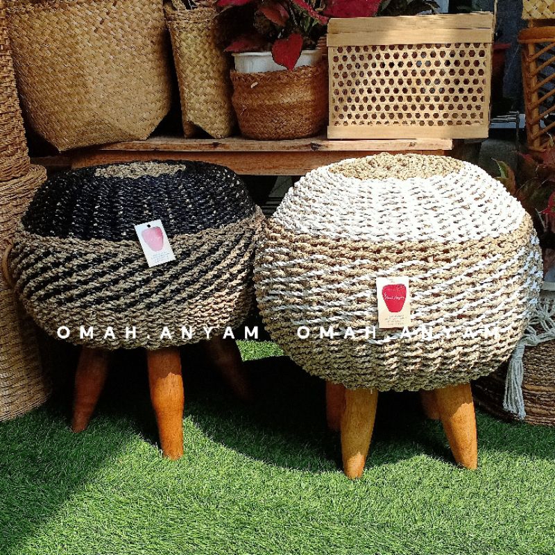 stool anyam seagrass x sintetis | bangku kursi anyam bulat natural aesthetic | kaki kayu jati asli