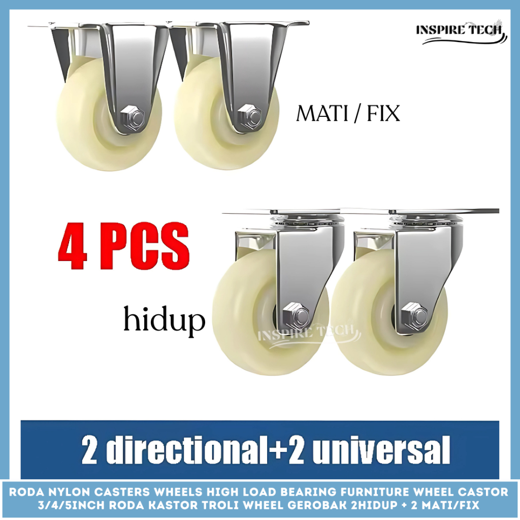 Roda NYLON Caster SET HIDUP - MATI 4PCS Medium Duty +Bearing Roda Kastor Troli Wheel Gerobak Trolley