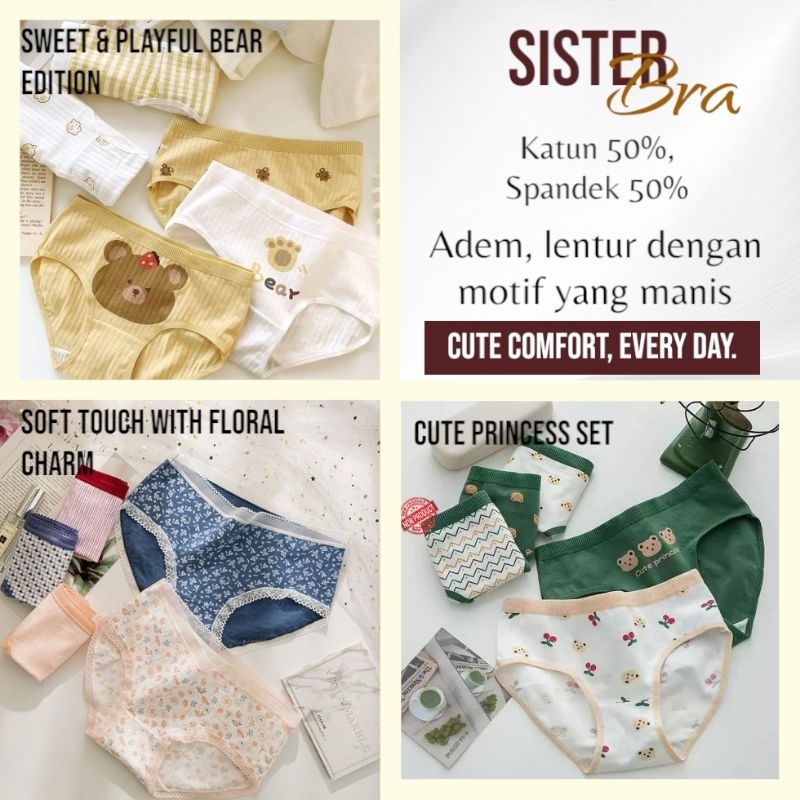Sister Bra - Celana Dalam Anak Perempuan Lucu Motif Beruang, Bunga & Cherry – Bahan Adem Elastis Ant