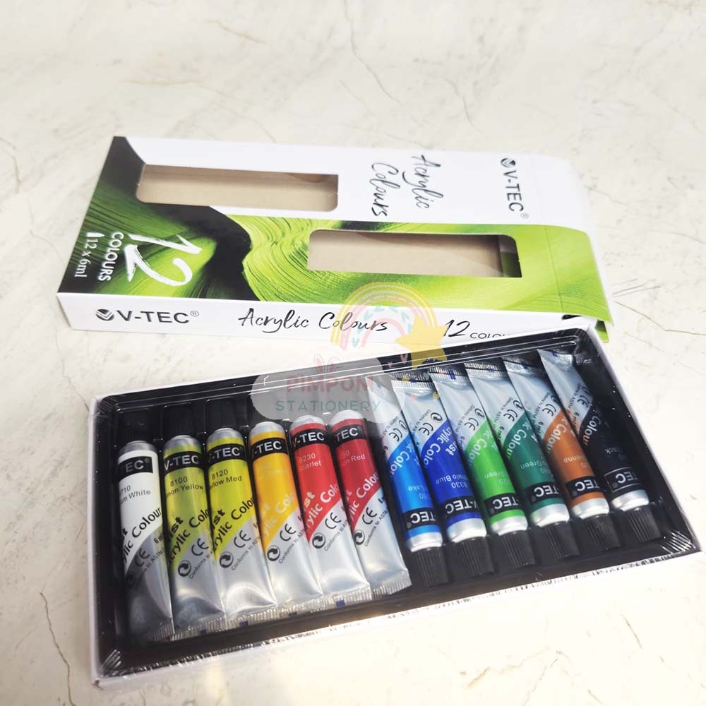 

Cat Akrilik 12 Warna Vtec / Cat Acrylic Colour Paint Set V-tec Lukis Kanvas