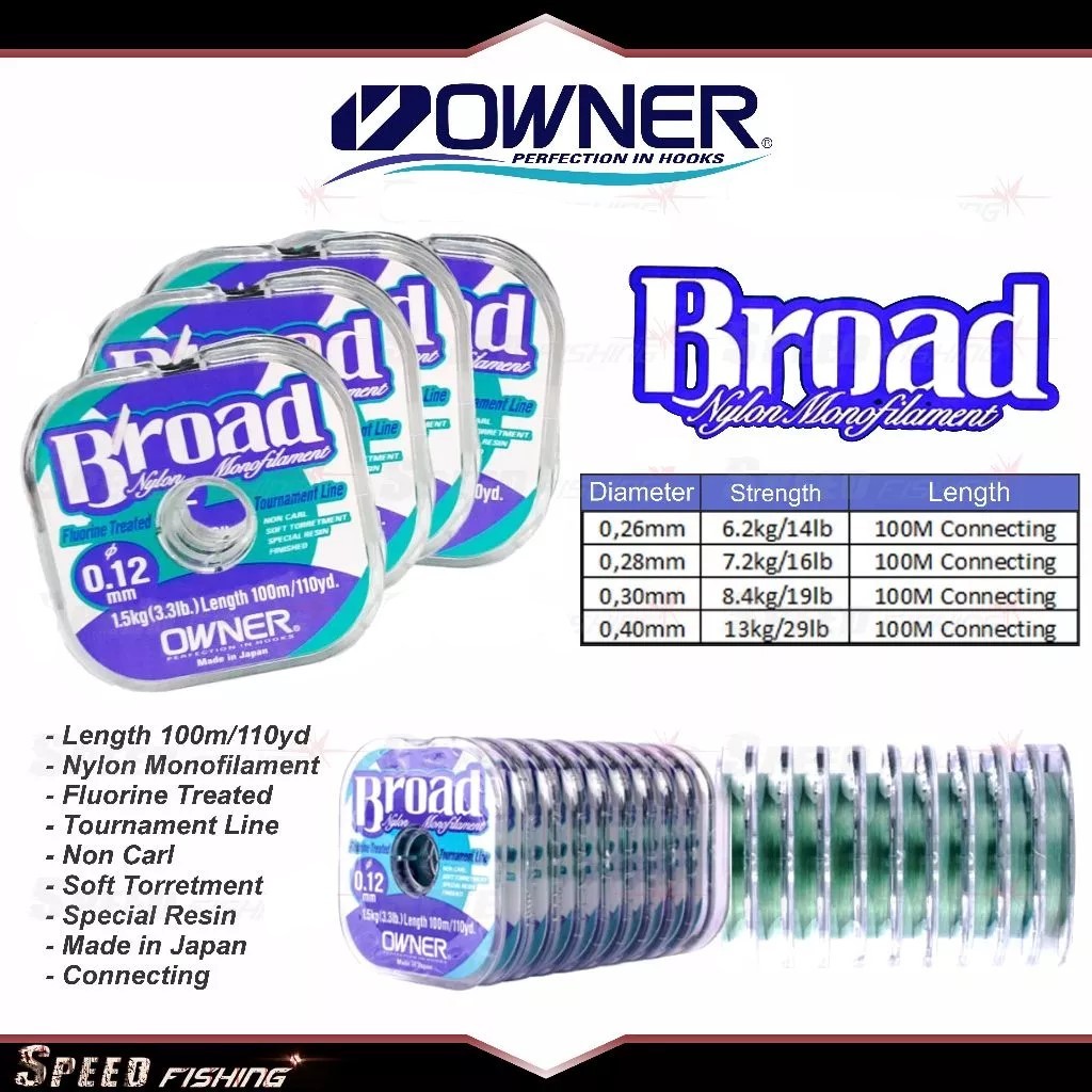 OWNER Broad 100M Senar Pancing Nylon Monofilament Mancing Sungai Danau Rawa Waduk Laut