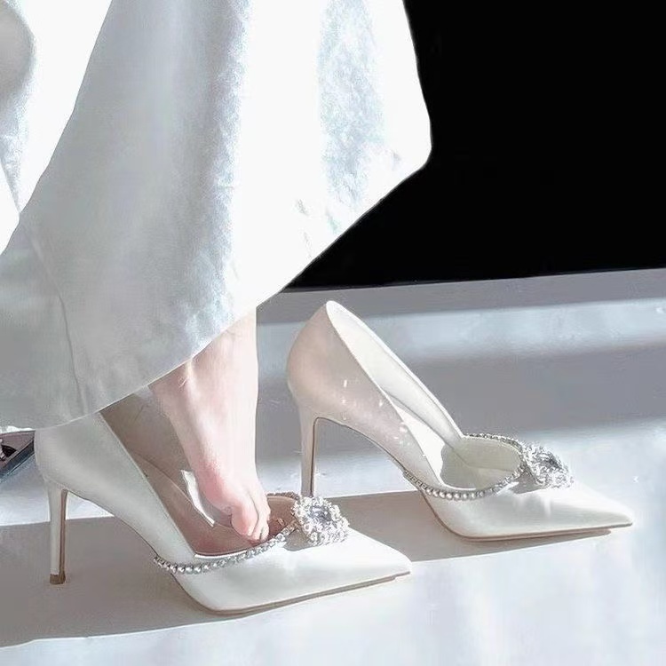 Sepatu hak tinggi Perancis, sepatu pernikahan hak tinggi runcing, sepatu hak stiletto dangkal