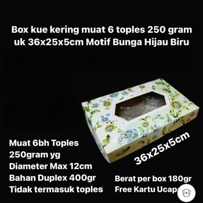 

Box Duplex Dus Kue Kering Muat 6 Toples 250gr Kotak Motif Bunga Hijau Biru