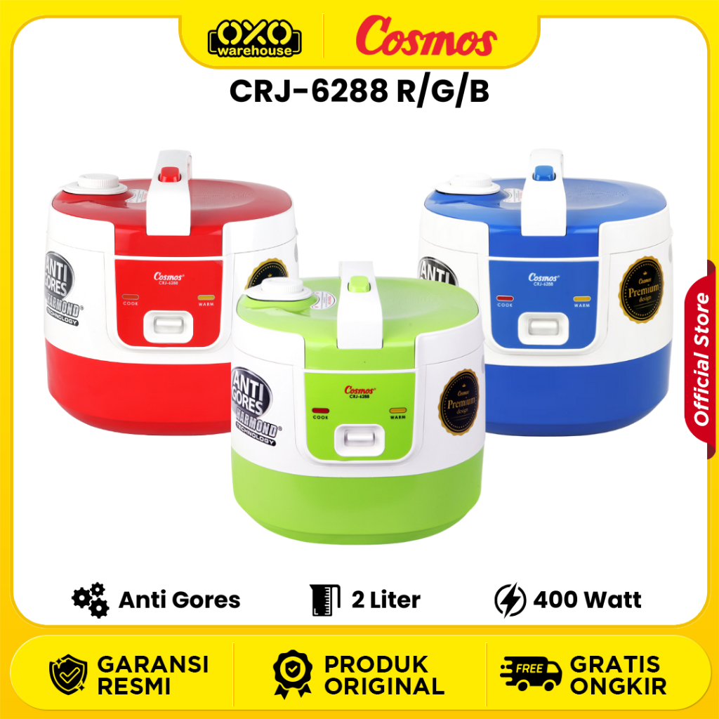 COSMOS Rice Cooker Harmond Spektrum CRJ-6288 R/G/B Mejikom 2 Liter Anti Gores Garansi Resmi