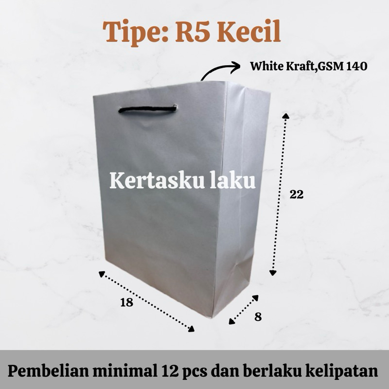 

Paperbag R5 Kecil Putih (White Kraft), tas kertas murah, P18 L8 T22