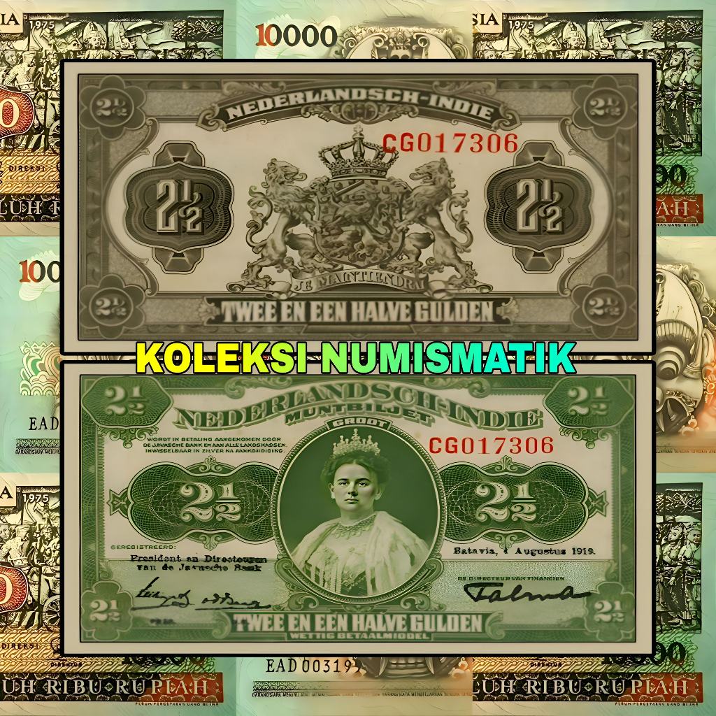 SOUVENIR KERTAS KUNO HINDIA BELANDA 2½ GULDEN MUNTBILJET WILHELMINA 1919