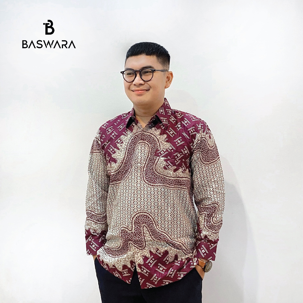 Baswara Kemeja Batik Pria Lengan Panjang Burgundy Hijau Mint A77