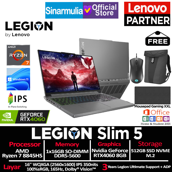 Lenovo Legion Slim 5 Ryzen 7 8845HS RTX4060 512GB SSD 16GB WQXGA Win11