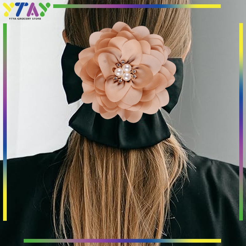 Bunga Corsage Besar Kristal & Mutiara Bros Wanita untuk Hiasan Dasi Baju Satin 3D