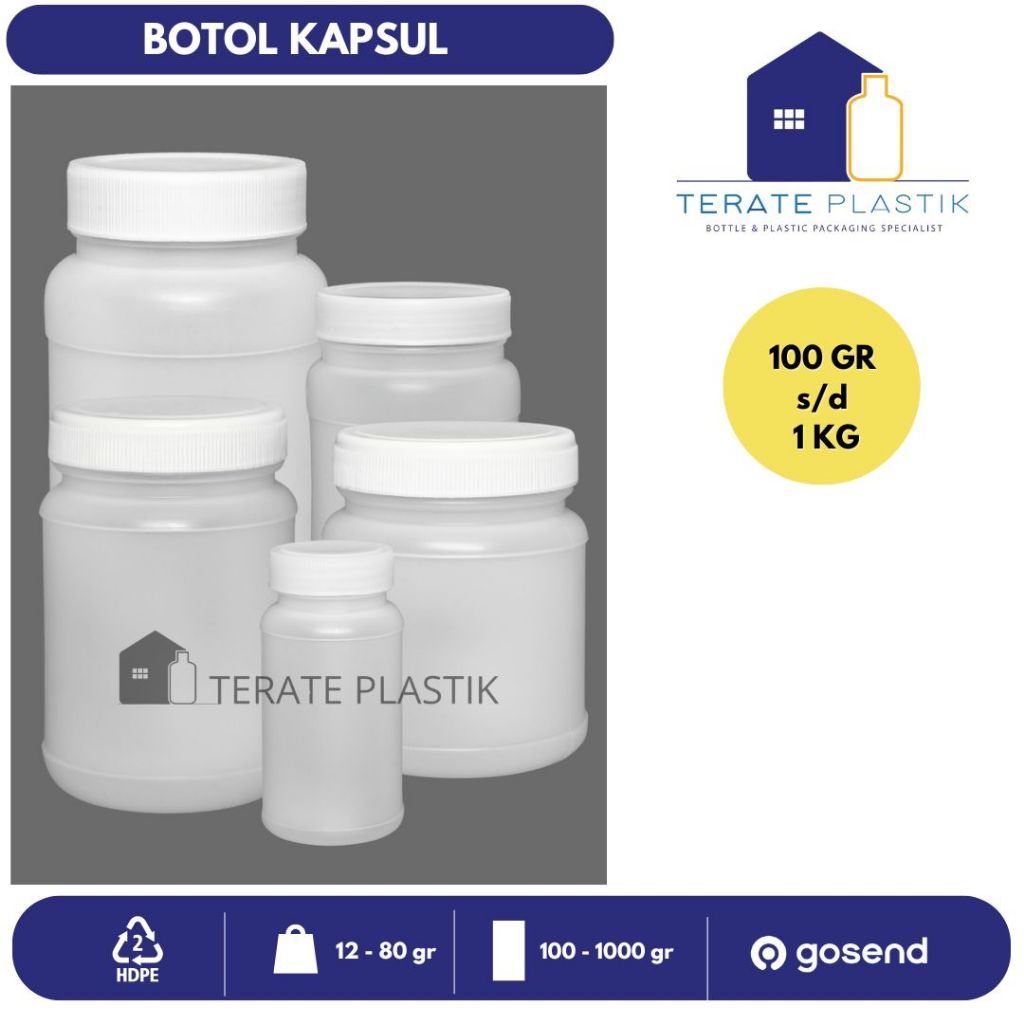 Botol Kapsul 100gr, 200gr, 250gr, 500gr, 1000g | Kapsul Obat | Mulut Besar | Terate Plastik Bandung