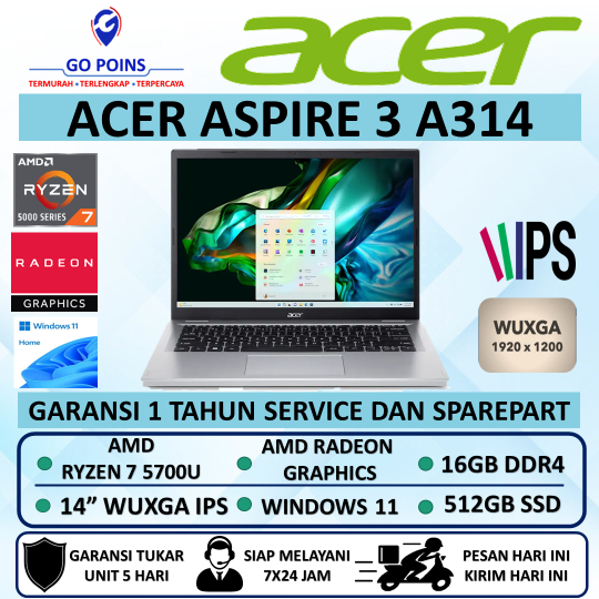 Laptop ACER ASPIRE 3 A314 AMD RYZEN  7 5700U RAM 16GB 512GB WUXGA WIN11 Terbaru