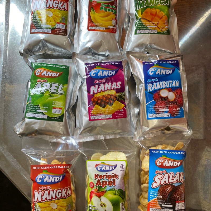 

keripik buah merk C’andi renyah enak murah dapat banyak ukuran 100gr dan 200gr