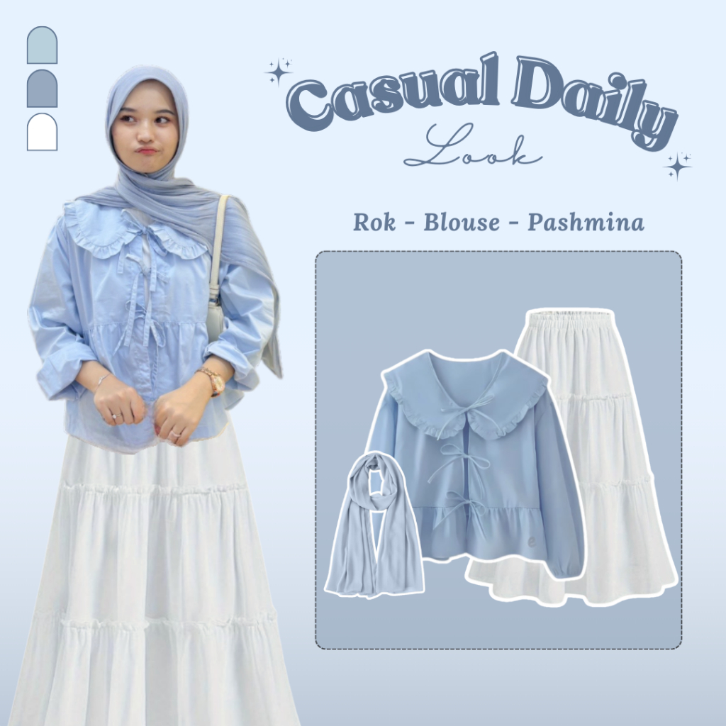 Hijab Style Outfit Korea Remaja (Blouse - Rok Susun - Pashmina) One Set Style Hijab Kekinian - LH126