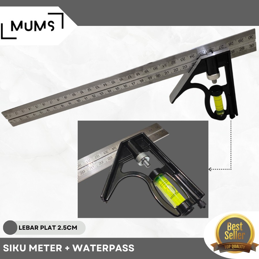 Siku Meter Tukang 30cm Penggaris Besi Sudut L + Waterpass IB8