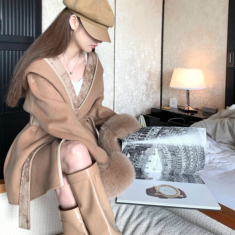 Mantel Wol Kotak-kotak Wanita, Mantel Wol Renda Lengan Bulu Berlapis untuk Wanita