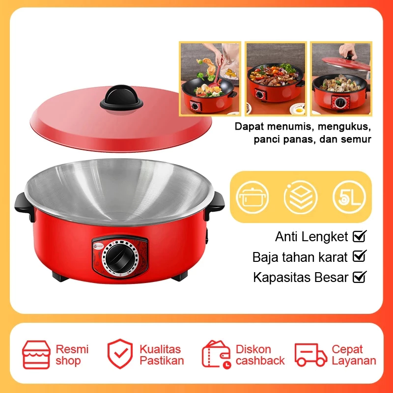 Wajan Enamel Multifungsi Teflon Besar 14 Inch Fry Pan Elektrik Anti Lengket 5L Panci Listrik Serbagu