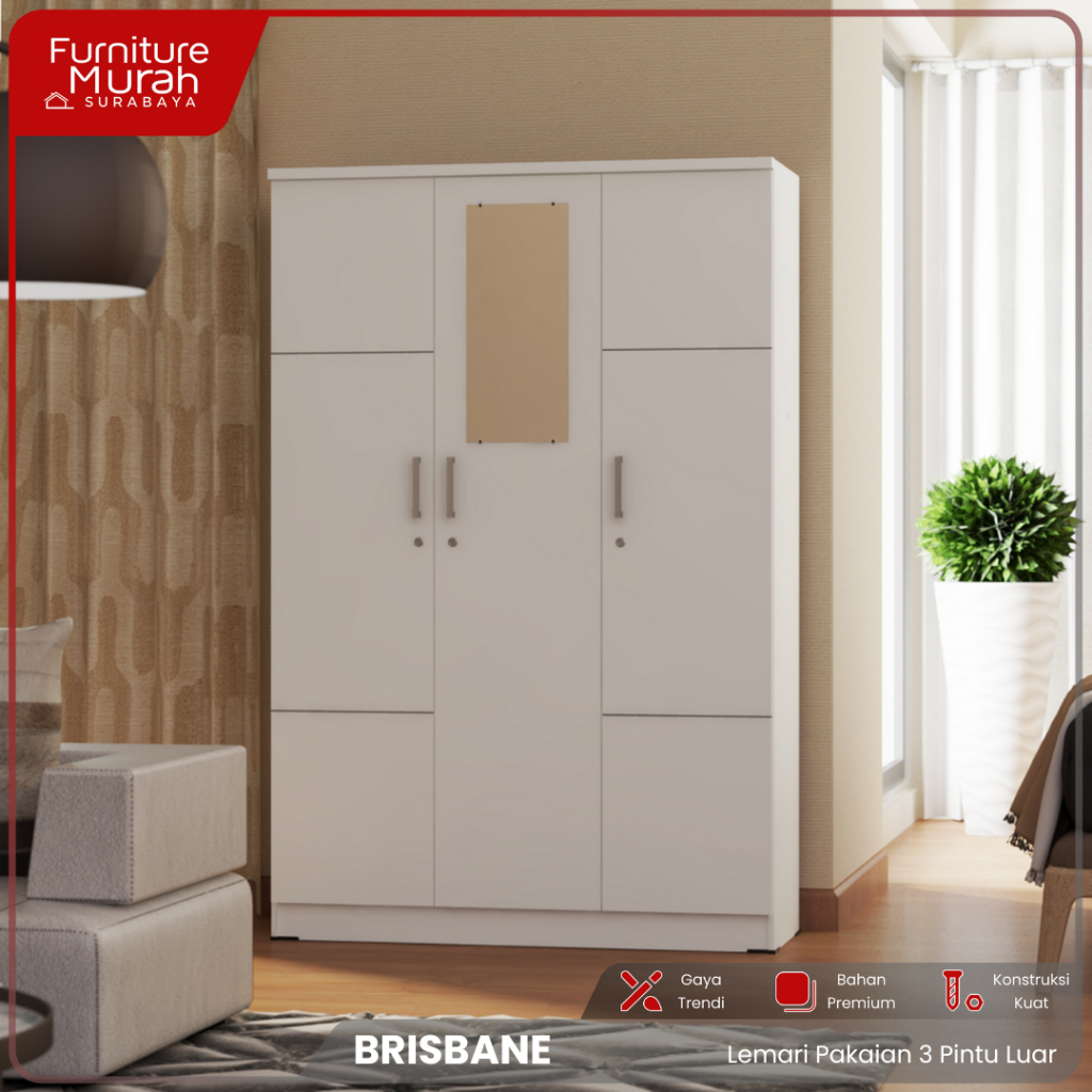 Furniture Murah Surabaya - Trenz Furniture - Brisbane Lemari Pakaian Tiga Pintu Kaca Luar Serbaguna