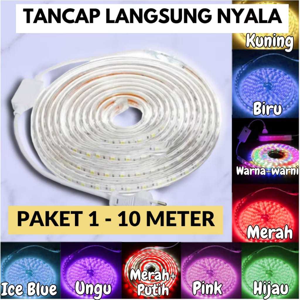 Paket Lampu Led Strip Selang 5050 5m 8m 10 Meter (Lampu Strip+ Socket+Tutup )5050 Lampu Hias Cafe Le