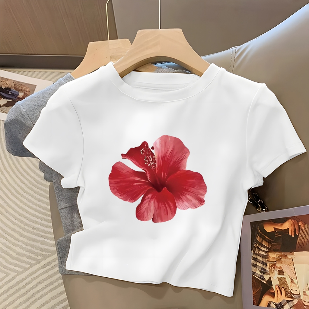 JW T-shirt Crop Top Lengan Pendek Kaos Wanita Crop Top Korea Flowers Print Kaos Crop Wanita Kekinian