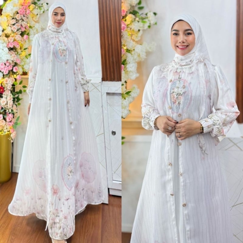 WHITE RAYA SERIES BY HUMAIRA SYARI GAMIS CERUTY PREMIUM PRINTING OUTER ORGANZA SET JILBAB TERBARU TE
