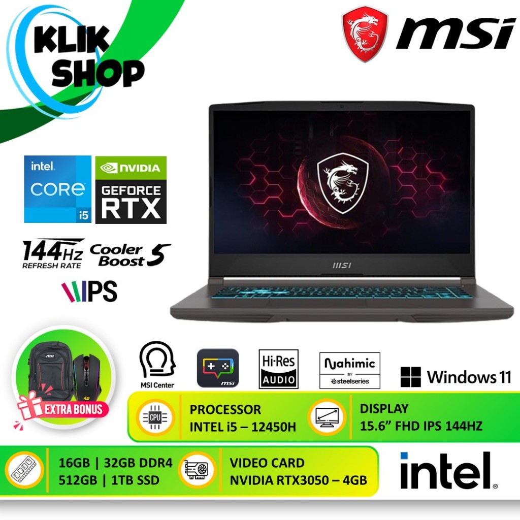 Laptop Gaming MSI Pulse 15 GL66 12UCK RTX 3050 i5 12450H 32GB 1TB SSD FHD IPS 144Hz