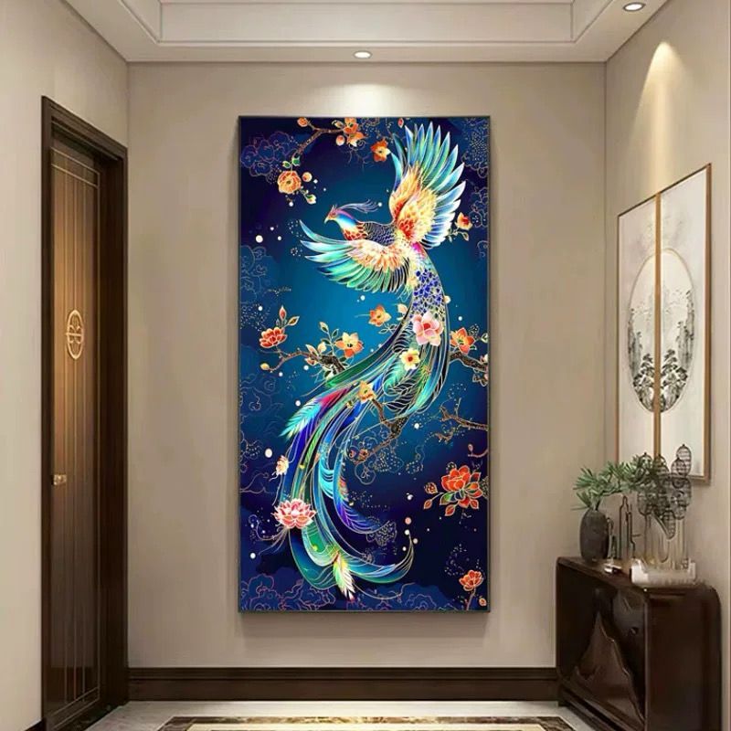 Lukisan Porcelain 5D Diamond Burung Phoenix Pajangan Dinding Porselen Kristal Timbul Biru Burung Fen