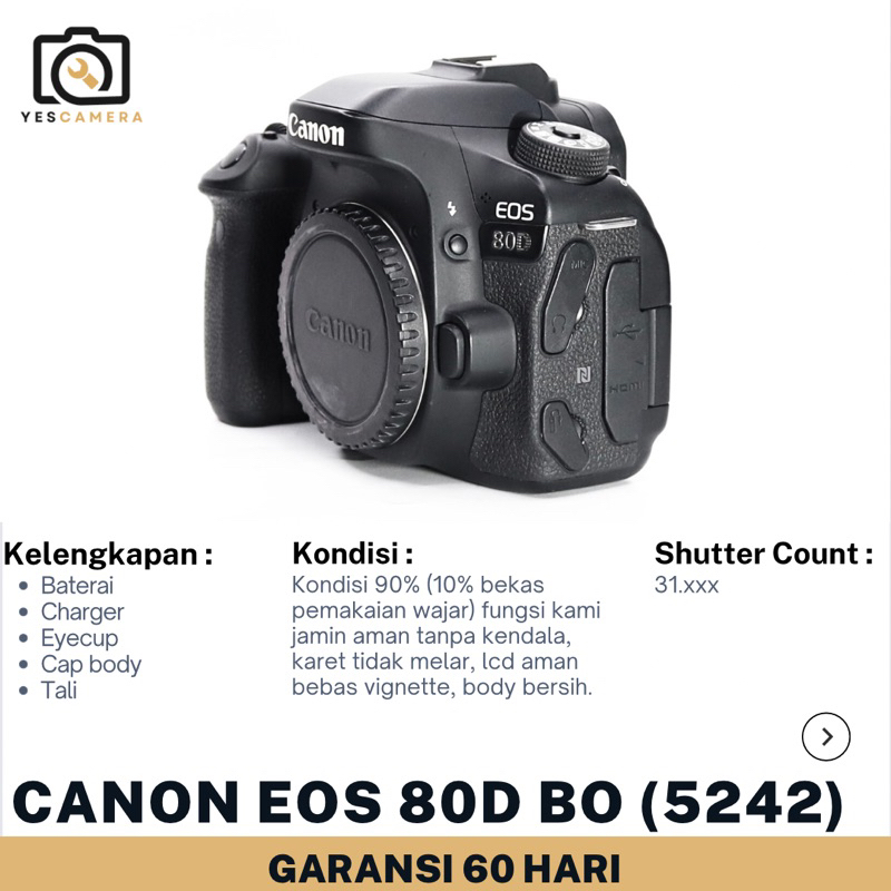 Canon Eos 80D Body Only (Bekas) - 24MP , WiFi, Full HD, NFC - Unit Body(5242)