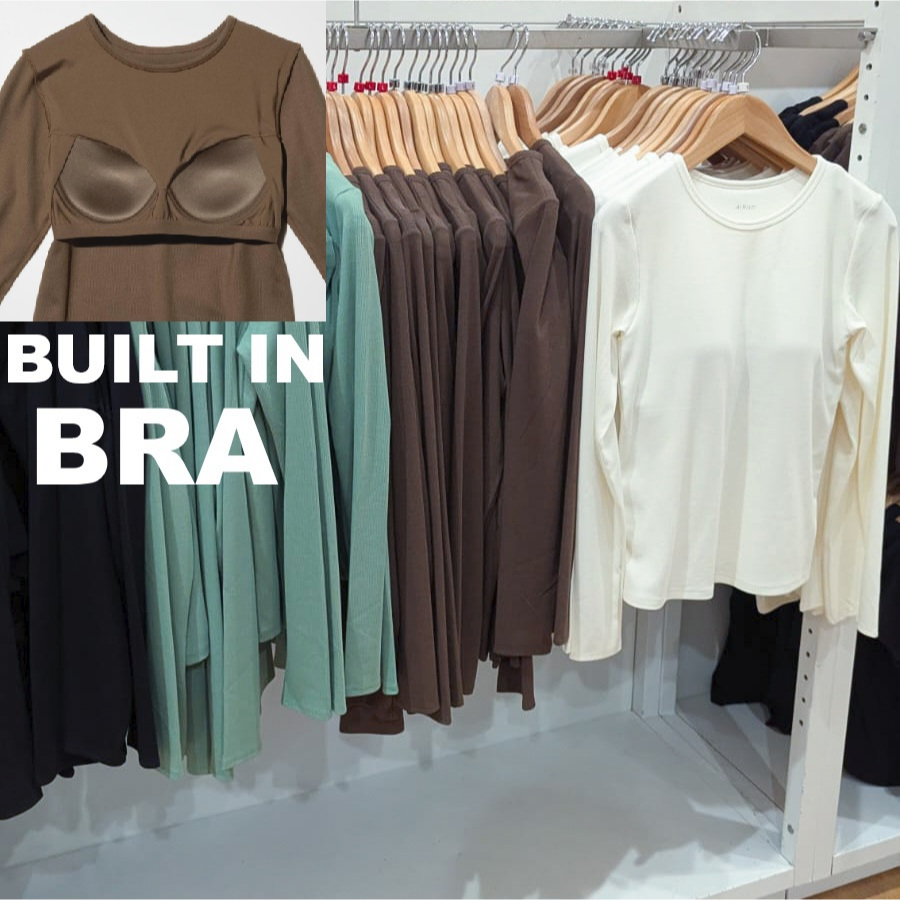 SALE Women T-Shirt AIRism Katun Atasan Bra Kerah Bulat / Transparan Jersey Lengan Panjang Kaos Wanit