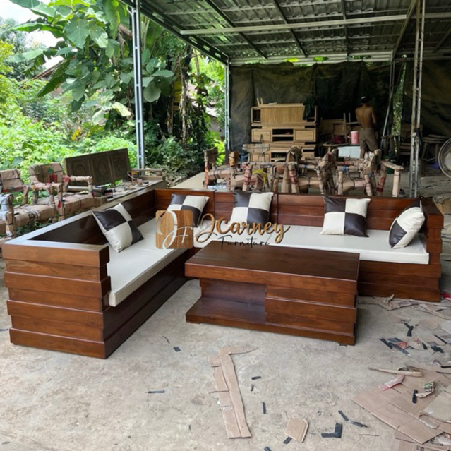 MEJA KURSI TAMU SUDUT MINIMALIS , SET KURSI TAMU SUDUT KAYU JATI