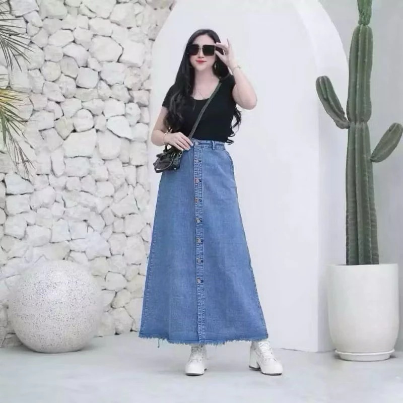 Rok Jeans Panjang Wanita Rok Panjang Gisca Kancing Rok Jeans Full Kancing Depan