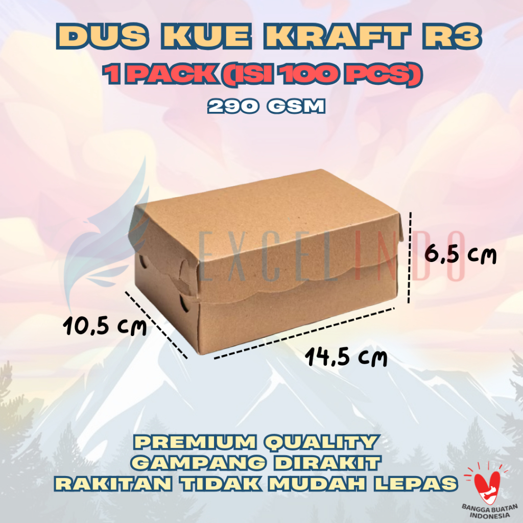 

(1 PACK/ISI 100 PCS) Kotak Dus Kue / Dus Makanan R3 Kraft (14,5 cm x 10,5 cm x 6,5 cm) Non Laminasi PREMIUM QUALITY EXCELINDO