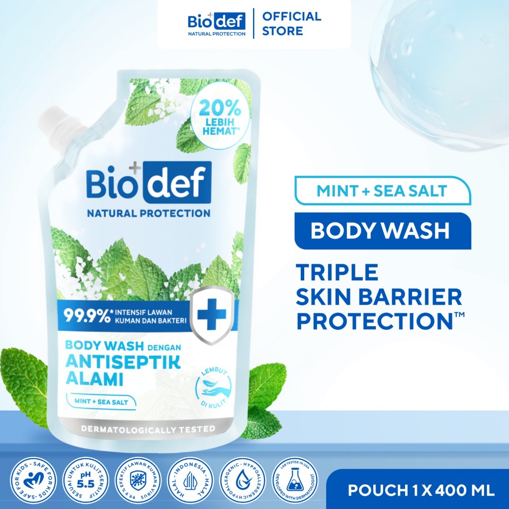 Biodef Body Wash Antiseptic Natural Mint - Sea Salt 400mL | Gentle Body Wash Antiseptik Natural | Co