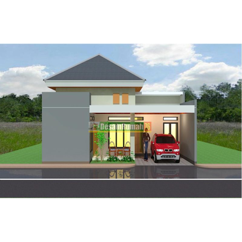 Paket desain rumah 3D eksterior + denah. Rumah minimalis 10x10, 2 kamar  tidur.