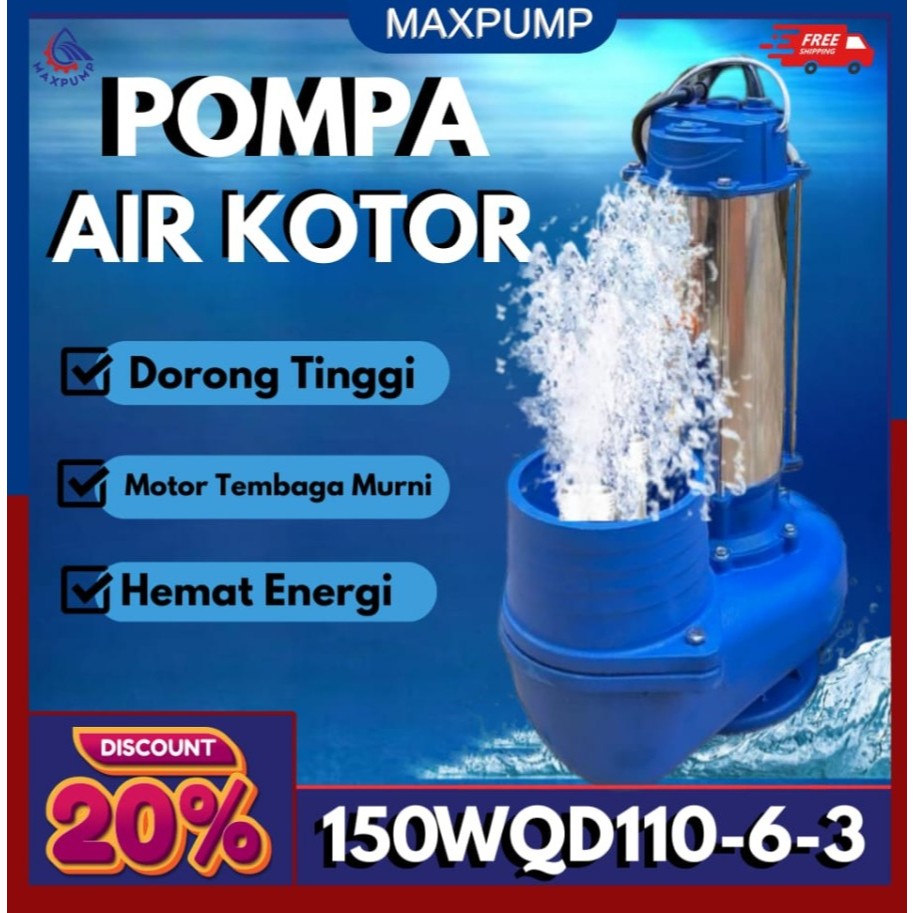 MAXPUMP Pompa Celup Air Kotor Banjir Lumpur 6inch Stainless Pompa Septic Tank Pompa Lumpur Padat Pom
