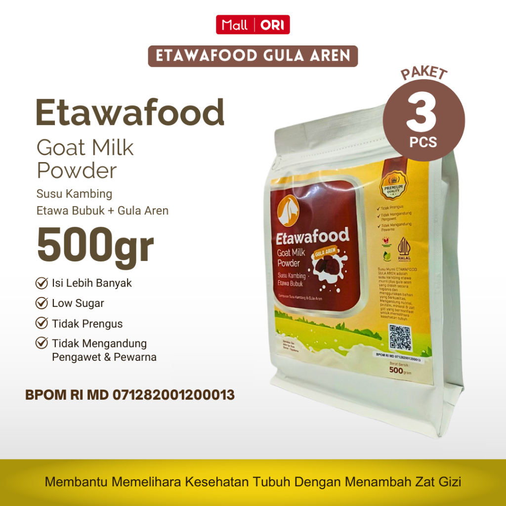 

3 PCS Etawafood Susu Kambing Etawa Bubuk Gula Aren 500gr Asli Original Tanpa Pengawet & Pewarna BPOM