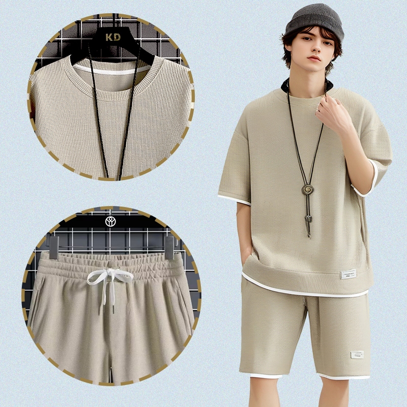 NEW Baju setelan pria 2025 korean Baju Pantai Pria Baju celana pria 1 set Kasual kain waffle baju