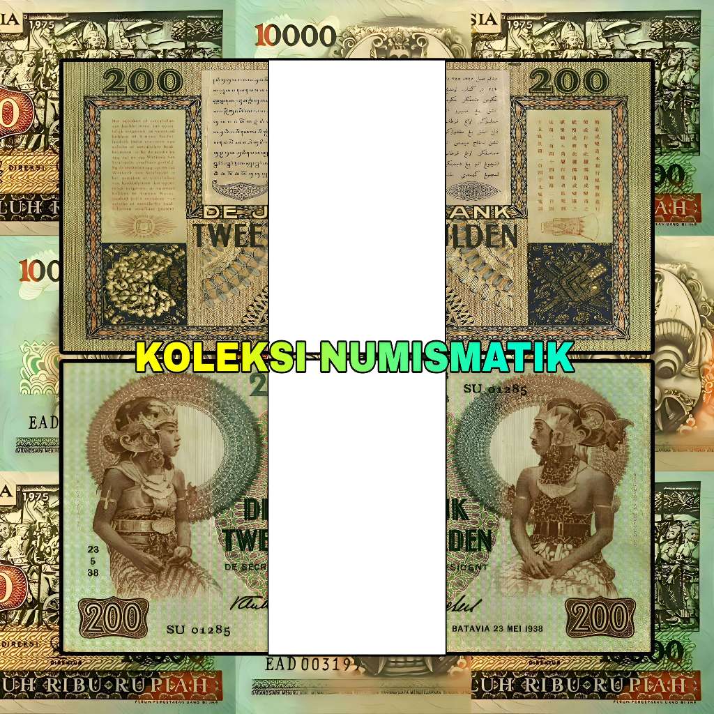 1 GEPOK SOUVENIR UANG KERTAS KUNO HINDIA BELANDA 200 GULDEN WAYANG ORANG 1938