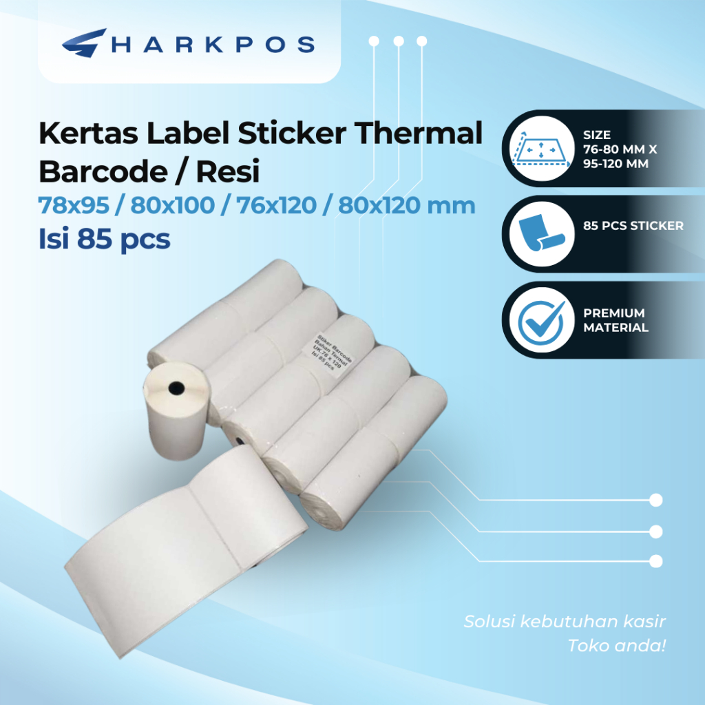 

Sharkpos Kertas Label Sticker Thermal Ukuran 78x95/80x100/76x120/80x120 Barcode Resi isi 85 pcs