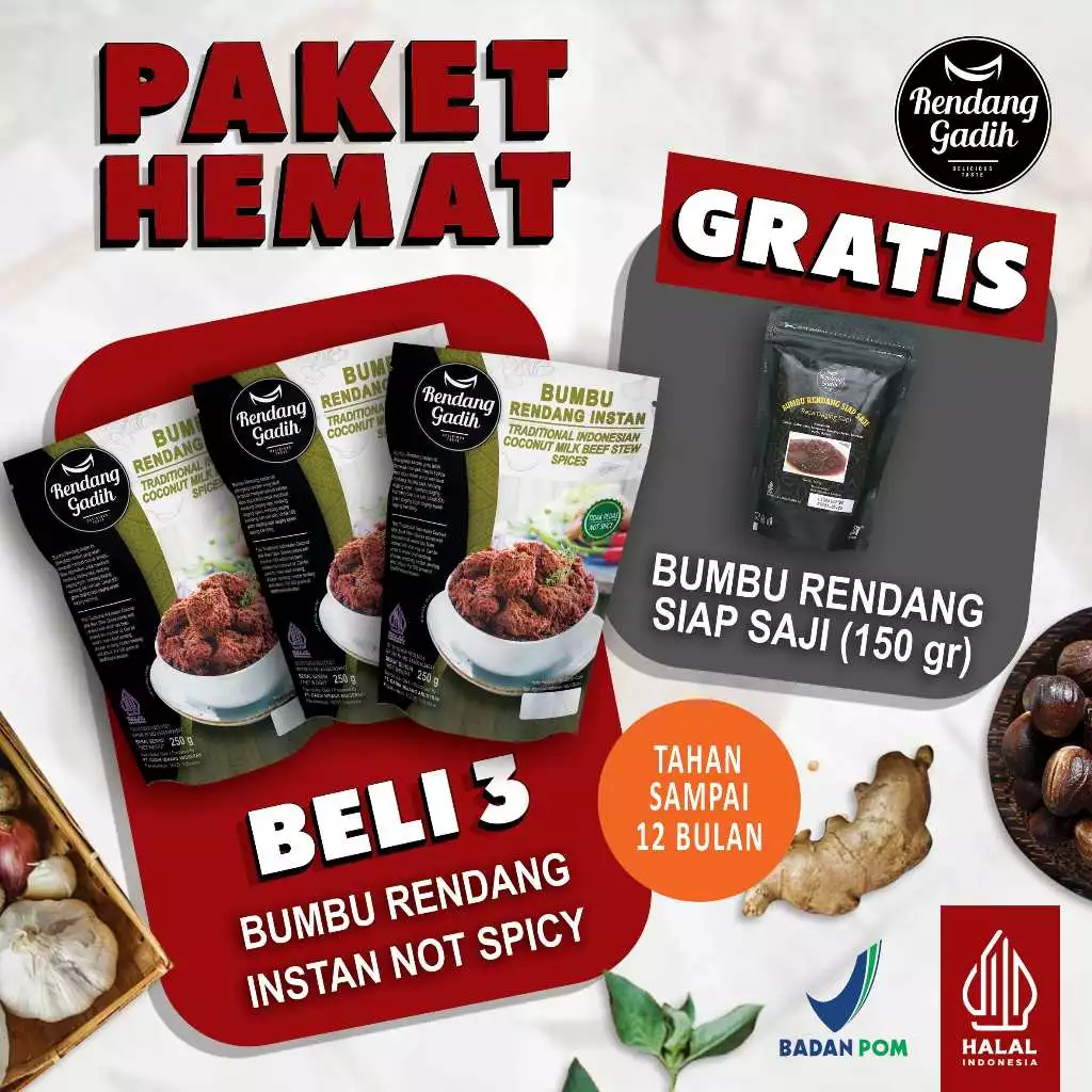 

Rendang Gadih - Paket 3 pcs Bumbu Rendang Instan Not Spicy (Tidak Pedas) 250 g