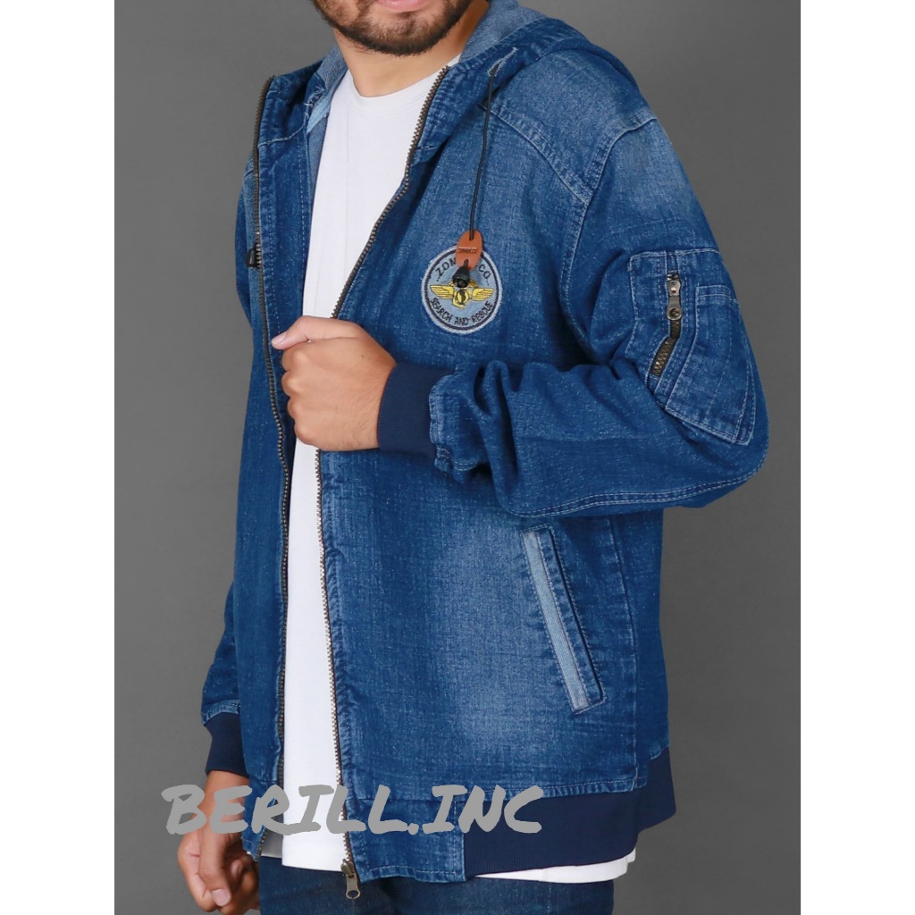 BERILL.INC Jacket  Bomber Denim Kupluk Pria Wanita - Biowash