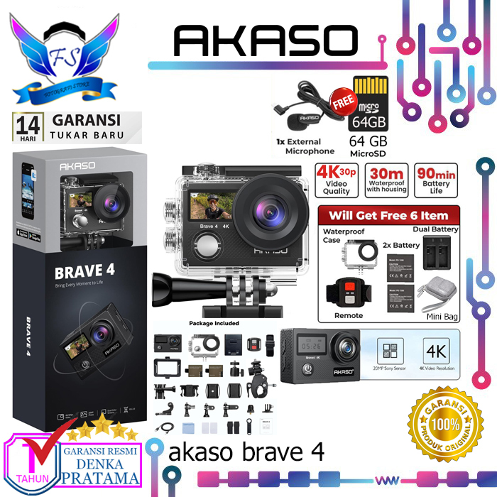 Akaso Brave 4 Action Cam Camera Wifi 4K Waterproof + Remote Original Resmi