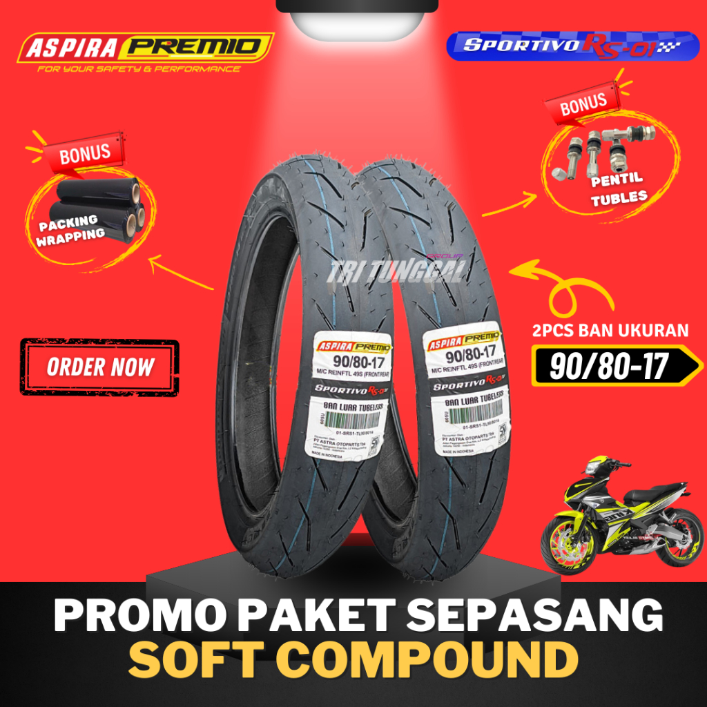 [PAKET SEPASANG] BAN ASPIRA PREMIO SPORTIVO RS01 RING 17  TUBELESS SOFT COMPOUND ( 90/80-17 ) / BAN 
