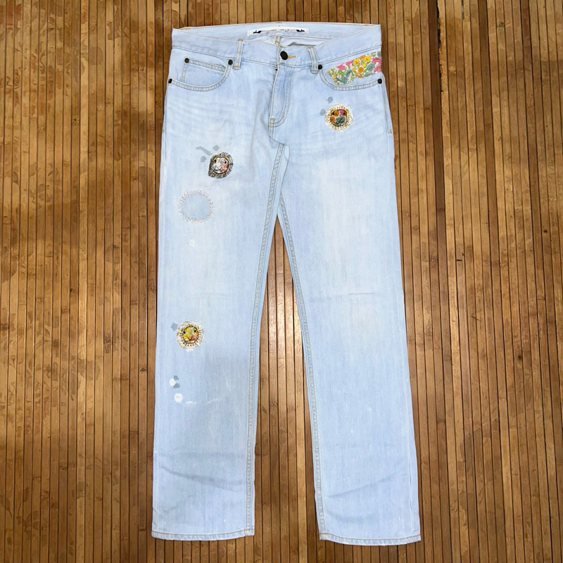 JAPANESE DESIGNER TSUMORI CHISATO By ISSEY MIYAKE PATCHWORK EMBROIDERED LIGHT BLUE WASH DENIM JEANS 