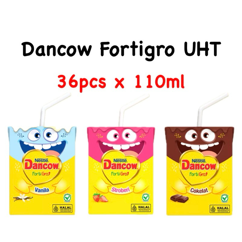 

Dancow FortiGro Susu UHT Rasa Cokelat Vanila Stroberi 36 x 110ml - Karton Dus