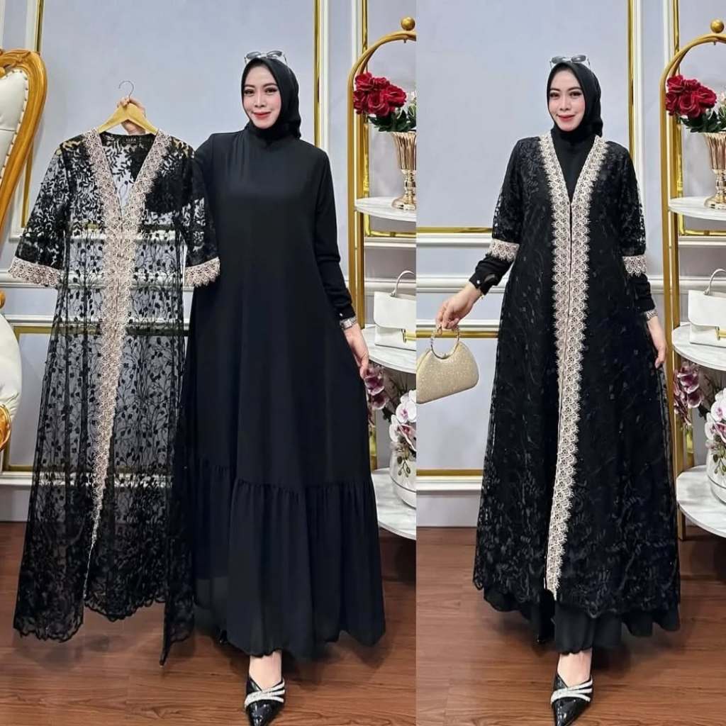 Baju Gamis Set Outer Brokat Kondangan Lestari Dress BL Bahan Ceruty Babydoll Aplikasi Renda Size M L